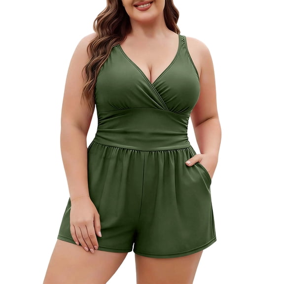 UPPADA Womens Plus Size Bathing Suits Tummy Control V Neck One Piece Swimsuit Casual Summer Full Coverage Bathing Suit Black,XXXL