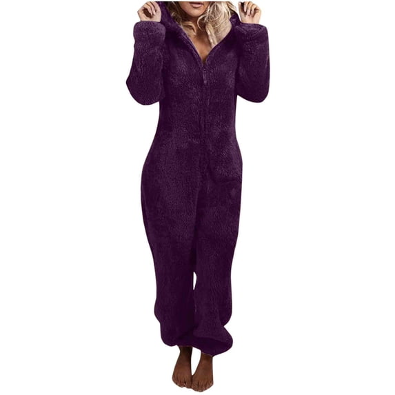 UPPADA Womens Plus Size Fuzzy Fleece Jumpsuits Cute Cat Ears Hoodies Zipper Hoodies Pajamas Rompers Winter Thermal Cozy Long Sleeve Sherpa Sleepwear Onesies Purple,M