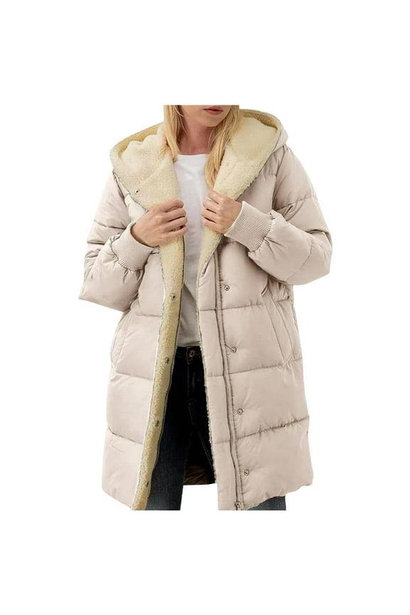 Womens Plus Size Hooded Winter Coats Sleeveless Button Down Outwear Warm Fleece Linen Jackets Long Zip Up Jackets with Pockets Beige,M Winter Coat