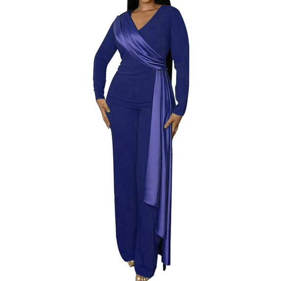 UPPADA Womens Plus Size Jumpsuit Long Sleeve V Neck Overall Solid Adjustable Soft Ribbon Front Suit Dressy Elegant Jumpsuits for Women Wedding Guest Blue,S