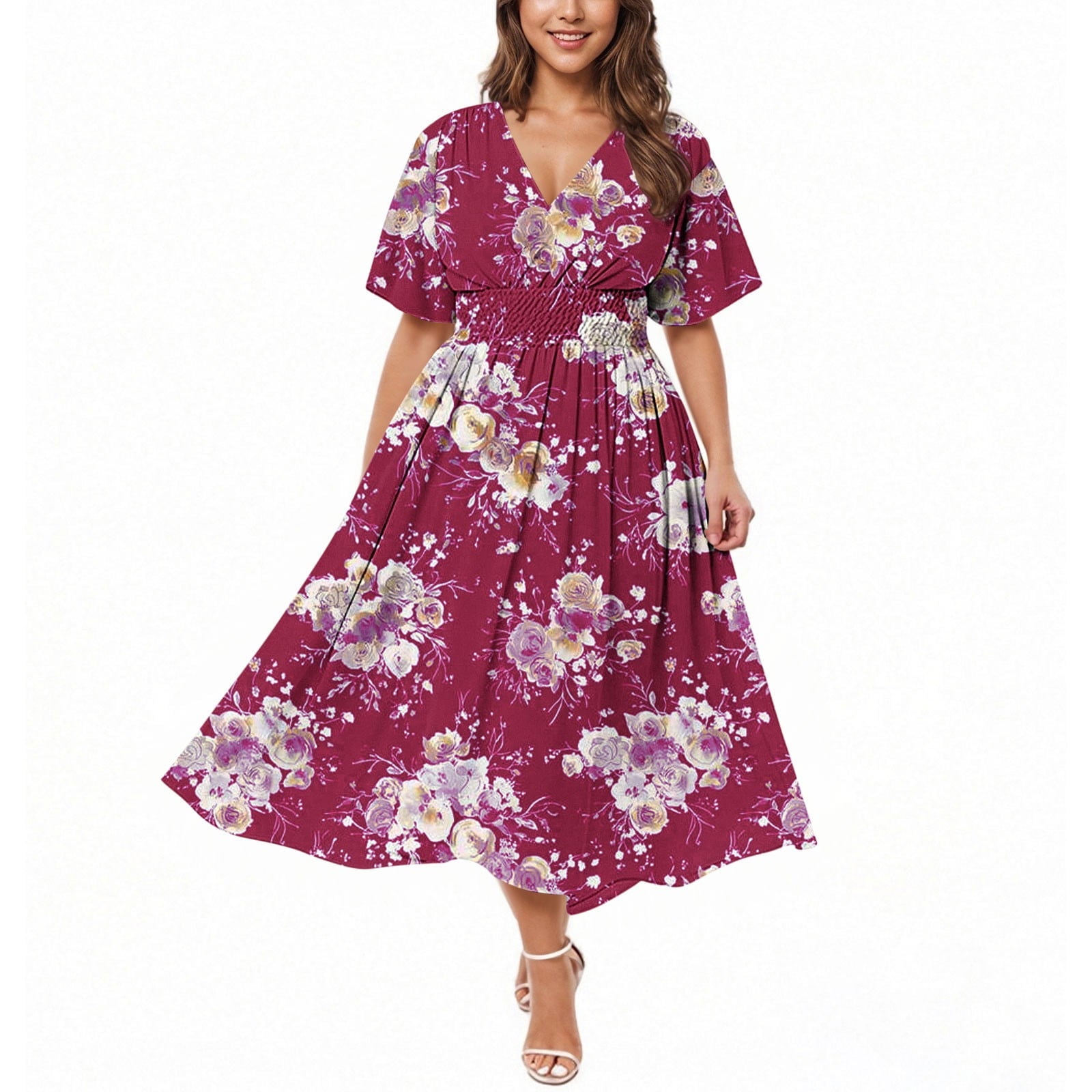 Uppada Womens Plus Size Lace Chiffon Wrap V Neck Dresses Cocktail Wedding Guest Wrap Dress High Low Split Ruffle Evening Bridesmaid Wedding Guest