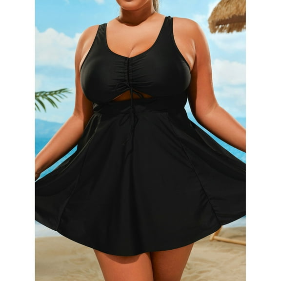 UPPADA Womens Plus Size Swimsuit Two Piece V Neck Flowy Swimdress Tummy Control Two Piece Bathing Suit Casual Comfy Tankini Top with Swim Brief Womens Swimsuit 2 Piece Black,L