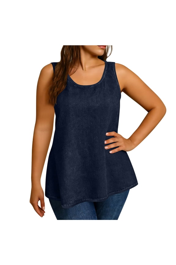 Womens Plus Size Tank Top Round Neck Denim Look Sleeveless Shirts Flowy Hem Casual Tunic Blouse for Summer Daily Wear Boho Vacation Tees,dark blue tank tops XXXXL