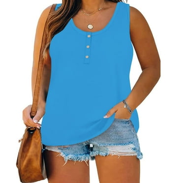 UPPADA Womens Plus Size Tank Tops Summer Sleeveless Henley T-Shirts Tops Casual Button Down Tunics Shirts Summer Loose Fit Basic Tees Crew Neck Solid Tunic Tops Blue,XXL