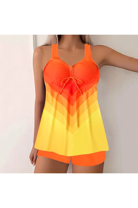 Womens Plus Size Two Piece Tankini Swimsuits Twist Front High Waist V Neck Swimwear Floral Tummy Control Modest Bathing Suits with Bottom Swimsuit Top Tankini Orange,S