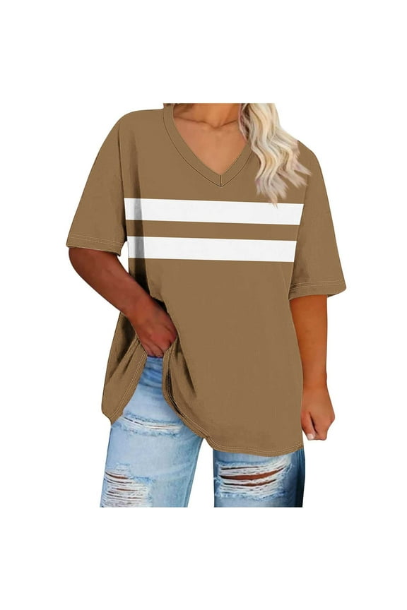Womens Plus Size V Neck Shirts Casual Solid Color Short Sleeve Summer Tops Casual Cute Loose Fit Tee Trendy Business Casual Blouses camiseta blanca,Brown,XL