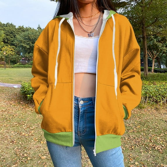 UPPADA Womens Plus Size Zip Up Hoodies Long Sleeve Fall Oversized Sweatshirts Comfy Color Block Jacket Hooded Sweatshirts Women's Plus Size Full Zip Up Hoodies Orange,L