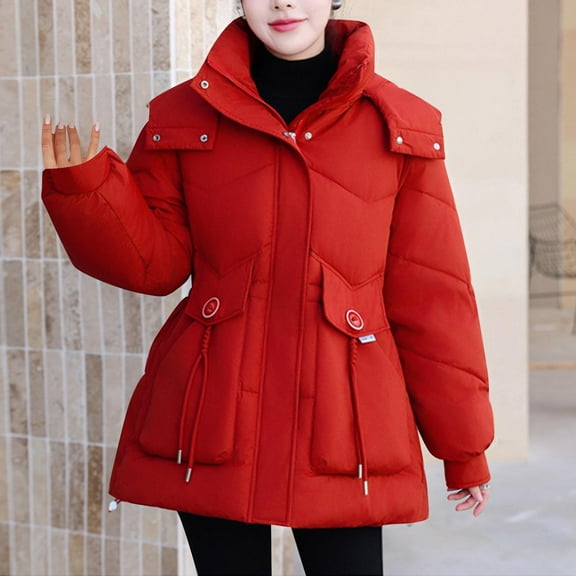 UPPADA Womens Puffer Coat Cropped Hooded Winter Coats Button Down Fleece Warm Coats Heavy Fleece Jacket with Pockets,Long Jacket for Women Red,L
