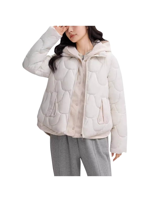Womens Puffer Coat Cropped Hooded Winter Coats Button Down Fleece Warm Coats Heavy Fleece Jacket with Pockets,Women's Plus Size Jackets for Fall Beige,L