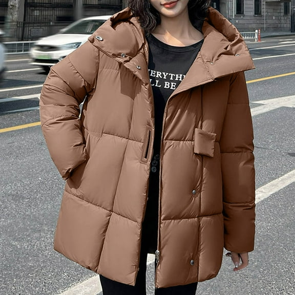 UPPADA Womens Puffer Jacket Winter Warm Cropped Coats Full Zipper Jackets Hooded Button Down Coats with Pockets Brown,xl Winter Puffer Coat for Women
