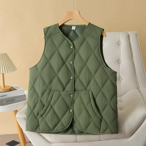 UPPADA Womens Puffer Vest Sleeveless Zip up Quilted Jacket Lightweight Stand Collar Winter Warm Padded Coats Womens Long Down Vests Army Green,XXXL