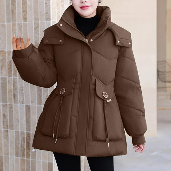 UPPADA Womens Quilted Pullover Puffer Jacket Cropped Trench Coat Winter Warm Oversized Packable Lightweight Long Sleeve Hooded Coats with Pocket Quilted Puffer Coat Coffee,XXL