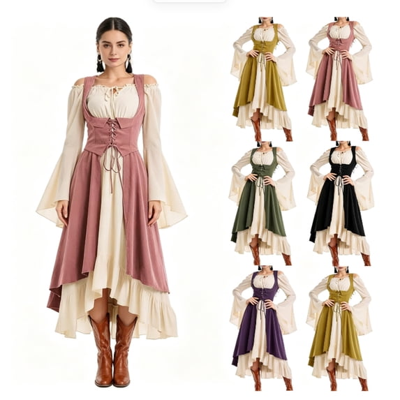 UPPADA Womens Renaissance Overdress Cold Shoulder Bell Sleeve Medieval Corset Dress Pirate Irish Ren Faire Dresses Halloween Costume Army Green,L