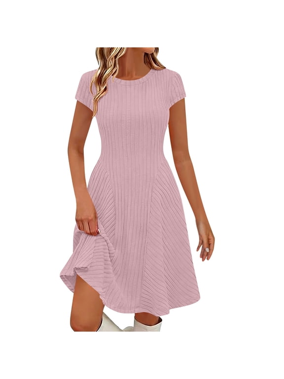 Womens Round Neck Ribbed Knit A Line Dress Summer Short Sleeve Casual Dress Fitted Waist Flare Dresses,Pink Dress S