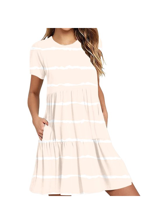 Womens Round Neck Striped Tiered Swing Dress Short Sleeve Casual Shirt Dress Loose Fit Flowy Tiered Hem Dress with Pockets,Beige Dress L