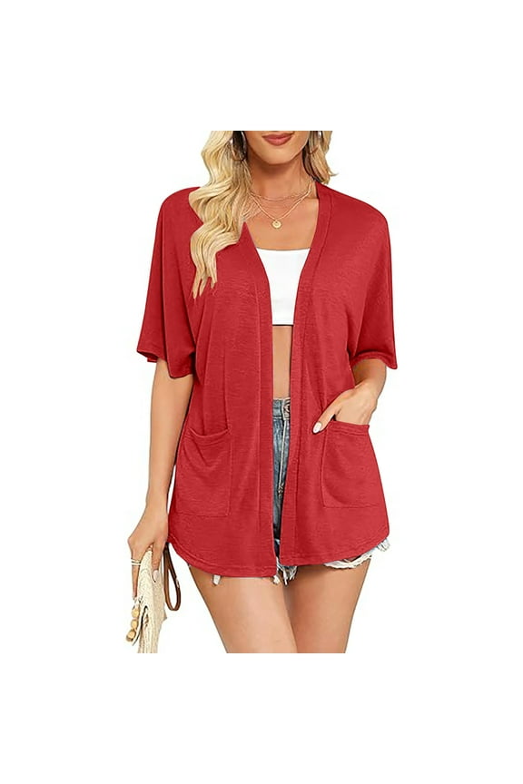Womens Ruffle Sleeve Cardigan Solid Color Flowy Tees Shirts Lightweight Open Front Shirts with Pockets Red,L