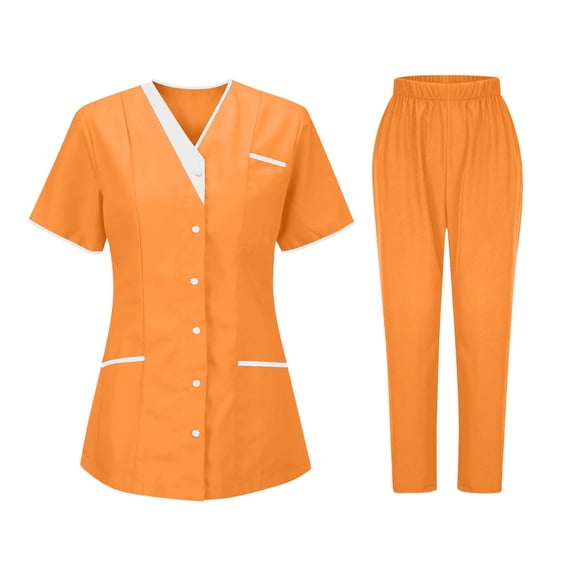 UPPADA Womens Scrub Set Button Front Scrub Top with Contrast Trim & Straight Leg Pants Lightweight Breathable Fabric for Healthcare and Daily Work Orange,L