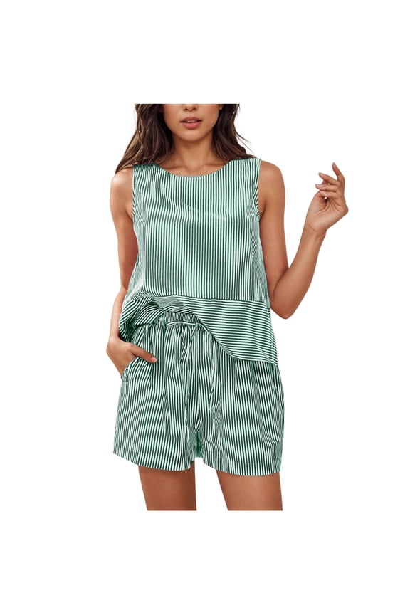 Womens Sets 2 Piece Outfits Summer Striped Casual Loose Fit Tunic Tops and Shorts Sets with Pockets Two Piece Dressy Sets Green,XXL