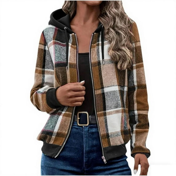 UPPADA Womens Sherpa Fleece Lined Hoodies Plaid Hooded Flannel Jacket with Hand Pockets Button Down Shirt Jackets Brown,XXL Plaid Fuzzy Lapel Collar Jacket Women Plus Size