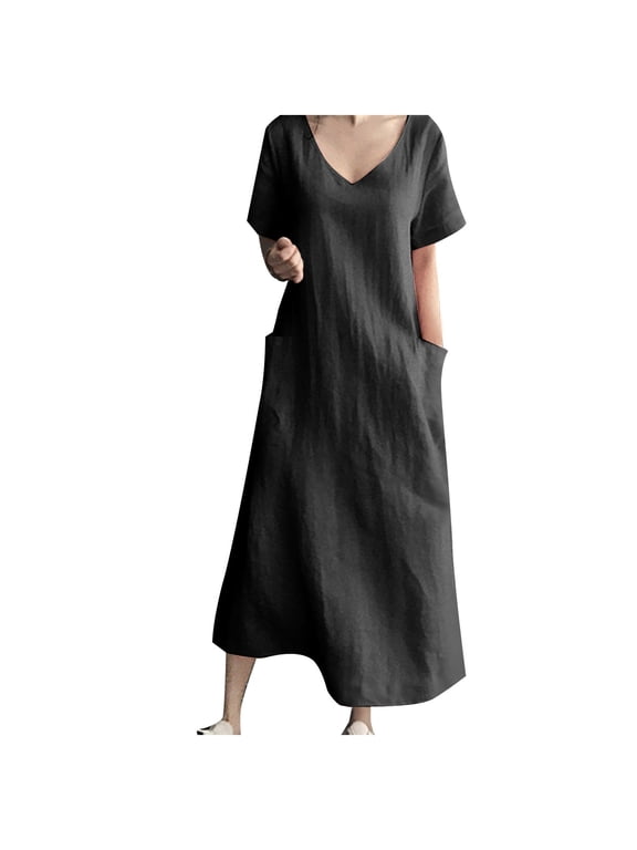 Womens Short Sleeve Summer Dress V Neck Cotton Linen Maxi Dress A Line Flowy Loose Fit Dress Beach Vacation Dress with Pockets,Black Dress XXXL
