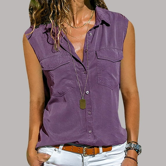 UPPADA Womens Sleeveless Button Down Shirts Lapel Collared Blouses Casual Office Shirts Basic Solid Color Tank Tops Purple,XXL