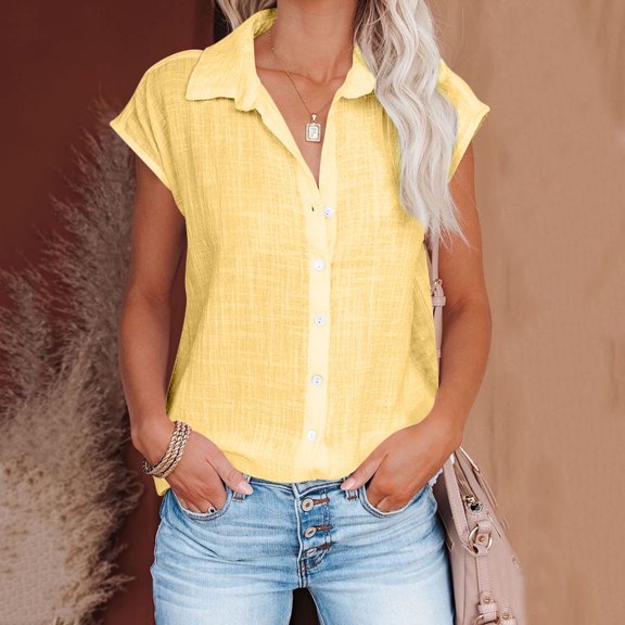 UPPADA Womens Sleeveless Button Down Shirts Slim Fit Tank Tops Lapel Collar Tunic Tops Cute Casual Dressy Blouses Yellow,Xl