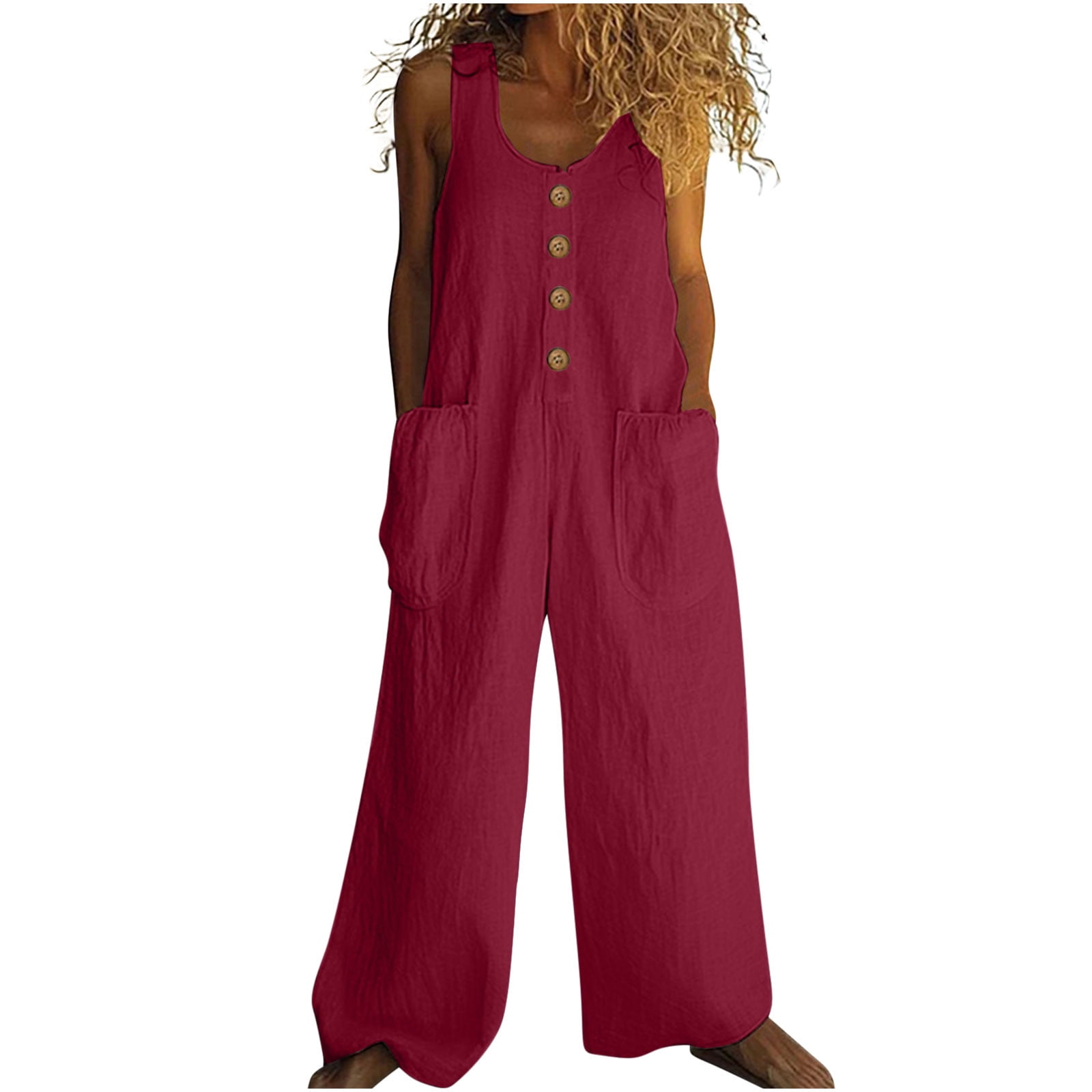 UPPADA Womens Sleeveless Button Jumpsuit Cotton Linen Wide Leg Overall ...