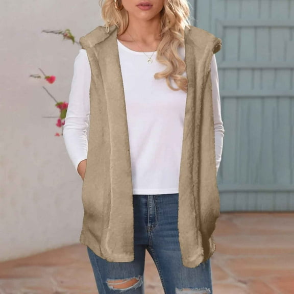 UPPADA Womens Sleeveless Sherpa Vest Lapel Open Front Fleece Cardigan Sweater Fuzzy Jacket Coat with Pockets Khaki,XXL Long Winter Coats for Women Plus Size Winter