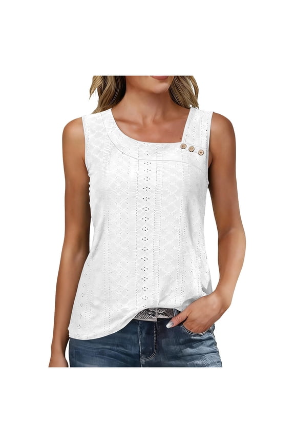 Womens Sleeveless Tank Top Eyelet Embroidery Casual Blouse with Button Detail Loose Fit Summer Tunic Tops for Daily Wear and Vacation,white tank tops XL
