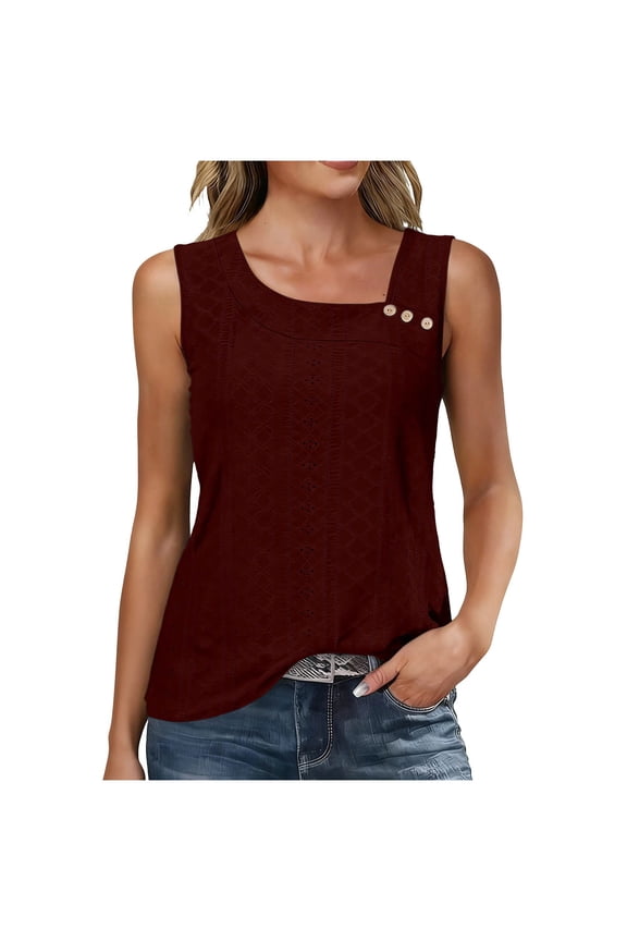 Womens Sleeveless Tank Top Eyelet Embroidery Casual Blouse with Button Detail Loose Fit Summer Tunic Tops for Daily Wear and Vacation,wine tank tops S