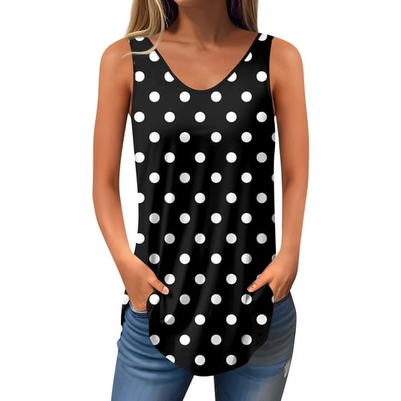UPPADA Womens Sleeveless Tank Top Summer Casual V Neck Polka Dot Print Shirts Trendy Side Split Loose Fit Blouse for Ladies Dressy Flowy Hem Tops,black tank tops L