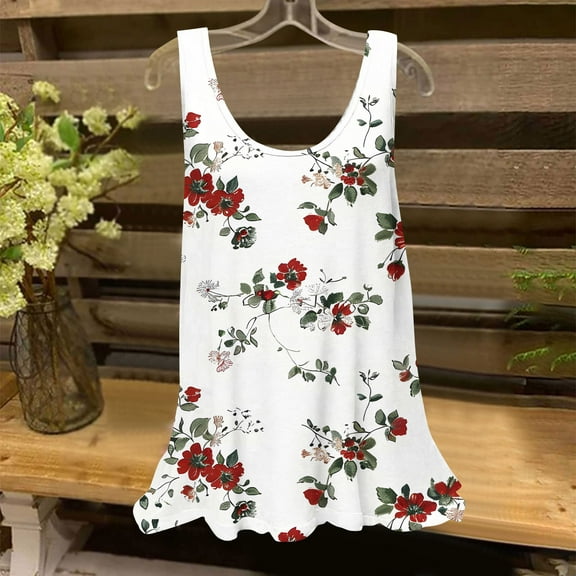 UPPADA Womens Sleeveless Tops Crewneck Floral Print Tank Tops Flowy Cute Summer Tees for Vacation Loose Basic Tunic Tops on Sale White,XL