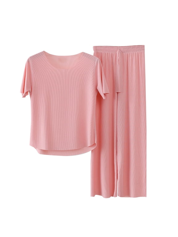 Womens Solid Pajama Sets Casual Short Sleeve Sleepwear Top and Soft Elasticated Wide Shorts Comfy Breathable Plus Size Lounge 2 Piece Sets Pink,L