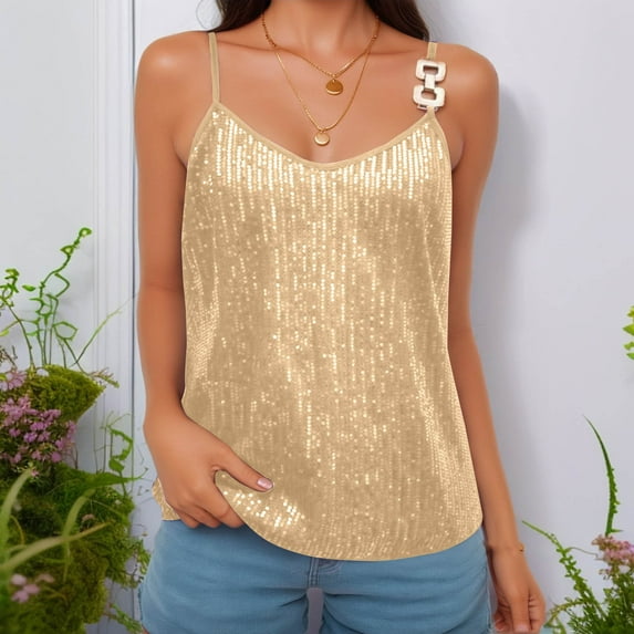 UPPADA Womens Sparkly Sequin Tank Tops Spaghetti Strap V Neck Glitter Vest Sleeveless Casual Dressy Crop Tops for Concert Outfit Party