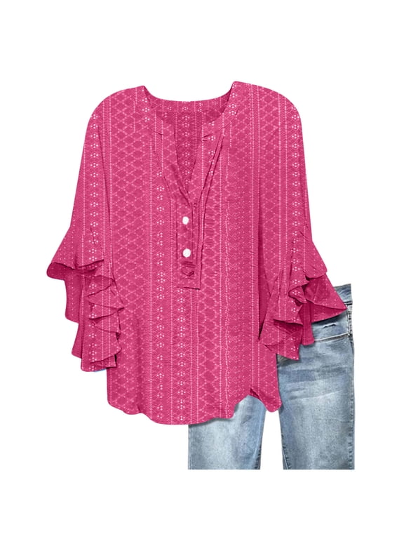 Womens Spring Fall Shirts Solid Ruffle Sleeve Tops Ladies Elegant Cute Tunics Blouses Dressy Comfy Tees Relaxed Fit Vacation Tops Hot Pink,S