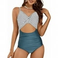 thumbnail image 1 of UPPADA Womens Stripe One Piece Swimsuit Long Torso Swimsuits for Ladies Spaghetti Strap Bathing Suit Cute Patchwork Cross Straps Backless Swimsuit Blue,L, 1 of 8