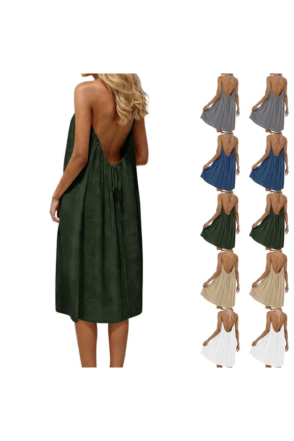 Womens Summer Casual Midi Dress Backless Cami Dresses Sleeveless Lounge Dress Spaghetti Strap Boho Beach Sundress with Back Tie Army Green Dress,XXL