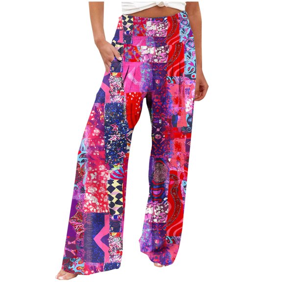 UPPADA Womens Summer Cotton Linen Palazzo Pants High Waisted Wide Leg Long Lounge Trousers Floral Print Boho Outfit Elastic Waist Pants Stretchy with Pocket Items Multicolor,L