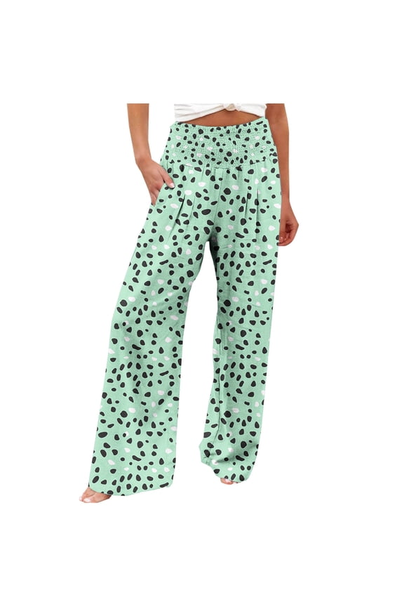 Womens Summer Cotton Linen Palazzo Pants High Waisted Wide Leg Long Lounge Trousers Floral Print Boho Outfit Elastic Waist Pants Stretchy with Pocket Items Multicolor,L