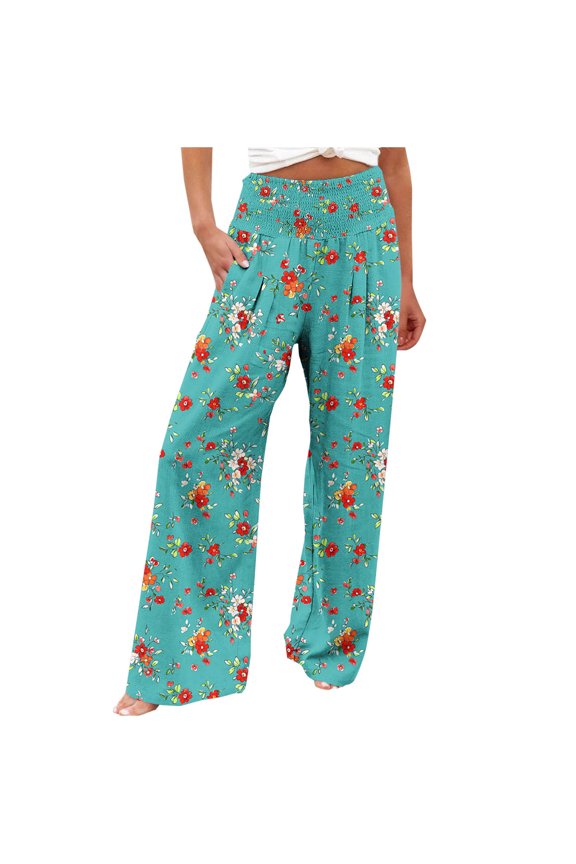 Womens Summer Cotton Linen Palazzo Pants High Waisted Wide Leg Long Lounge Trousers Floral Print Boho Outfit Elastic Waist Pants Stretchy with Pocket Summer Multicolor,XXL