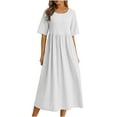 thumbnail image 1 of UPPADA Womens Summer Dress Short Sleeve Round Neck Cotton Linen Midi Dress Puff Short Sleeve Casual Empire Waist Loose Fit Dress,White Dress XL, 1 of 6