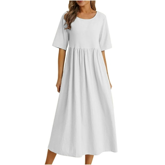 UPPADA Womens Summer Dress Short Sleeve Round Neck Cotton Linen Midi Dress Puff Short Sleeve Casual Empire Waist Loose Fit Dress,White Dress XL