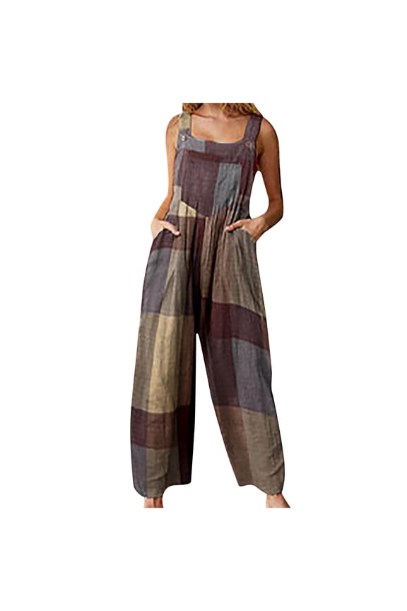 Womens Summer Jumpsuit Ethnic Style Patchwork Rompers Spaghetti Straps Overalls With Pocket Wide Leg Playsuits