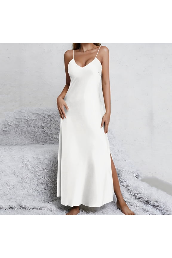 Womens Summer Maxi Dress Satin Spaghetti Strap Long Dress V Neck Slip Dress with Side Slit for Party Wedding Cocktail Evening Wear White,S