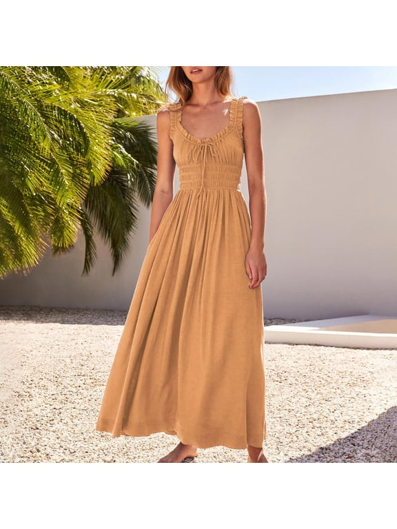Womens Summer Maxi Dresses Trendy Crew Neck Sleeveless Tankdress Elegant High Waist Tie Front Beach Dresses Flowy A Line Sundress Orange,L
