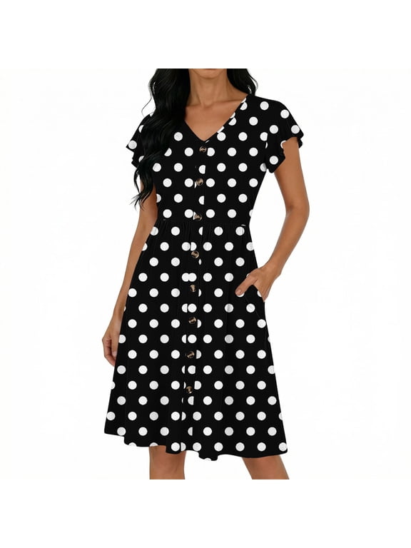 Womens Summer Midi Dress Vintage V Neck Polka Dot Dress Short Sleeve Flowy Sundress A Line Summer Boho Dress with Pockets Black,S