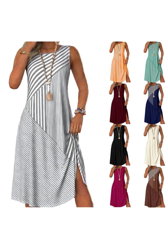 Womens Summer Midi Dresses Striped Crewneck Tank Dresses Sleeveles A Line Loose Fit Split Dress Casual Lightweight Dresses Green,S