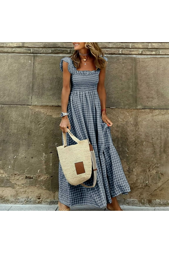 Womens Summer Sleeveless Maxi Dress Square Neck Smocked Boho Casual Ruffle Strap Flowy A-Line Long Beach Sundress Retro Plaid Smocked Dress Spaghetti Strap Swing Party Dress Black,L