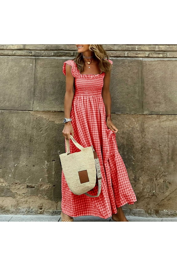 Womens Summer Sleeveless Maxi Dress Square Neck Smocked Boho Casual Ruffle Strap Flowy A-Line Long Beach Sundress Retro Plaid Smocked Dress Spaghetti Strap Swing Party Dress Red,L