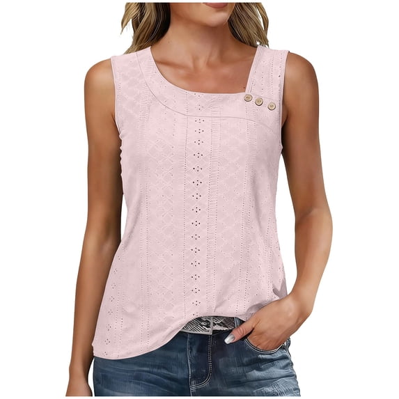 UPPADA Womens Summer Tank Tops Casual Sleeveless Eyelet Tops Button Neck Loose Fit Summer Blouse for Ladies Everyday Tanks Outfit and Layering,pink tank tops XL